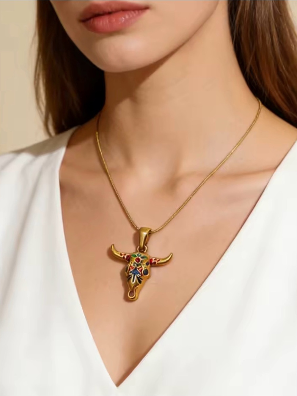Gold Multicolor Bull Skull Pendant Necklace - Women Jewelry
